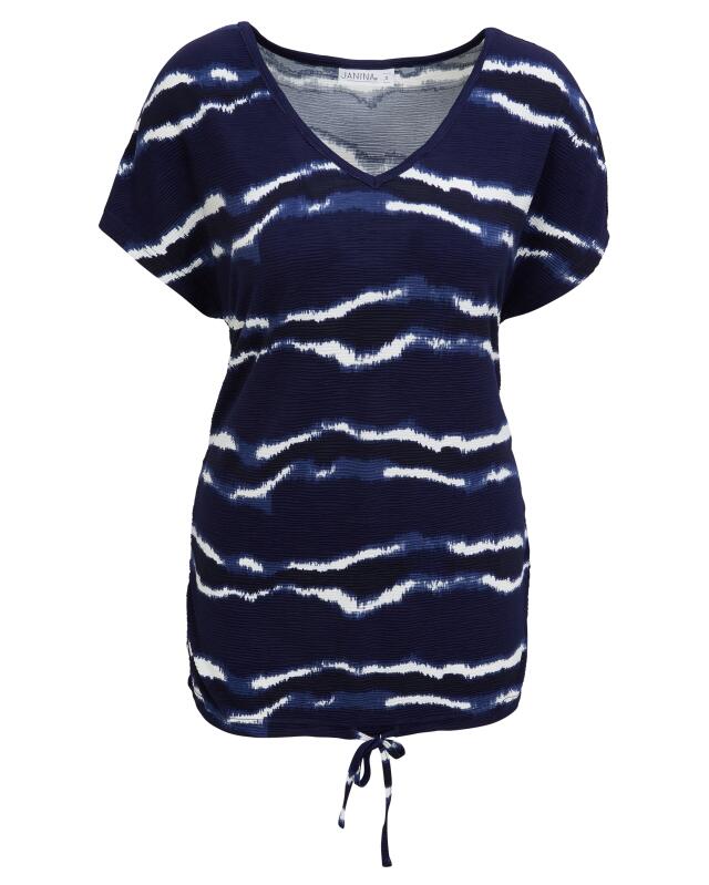 T-shirt long à col V femme, bleu imprimé (KiK Longshirt mit V-Ausschnitt (blau bedruckt)) — KiK, produit allemand authentique au Maroc