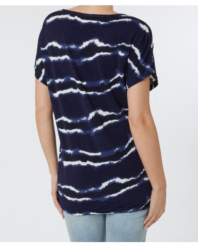 T-shirt long à col V femme, bleu imprimé (KiK Longshirt mit V-Ausschnitt (blau bedruckt)) — KiK, produit allemand authentique au Maroc