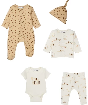 Baby mutsje + shirt met lange mouwen + romper + romper + broek