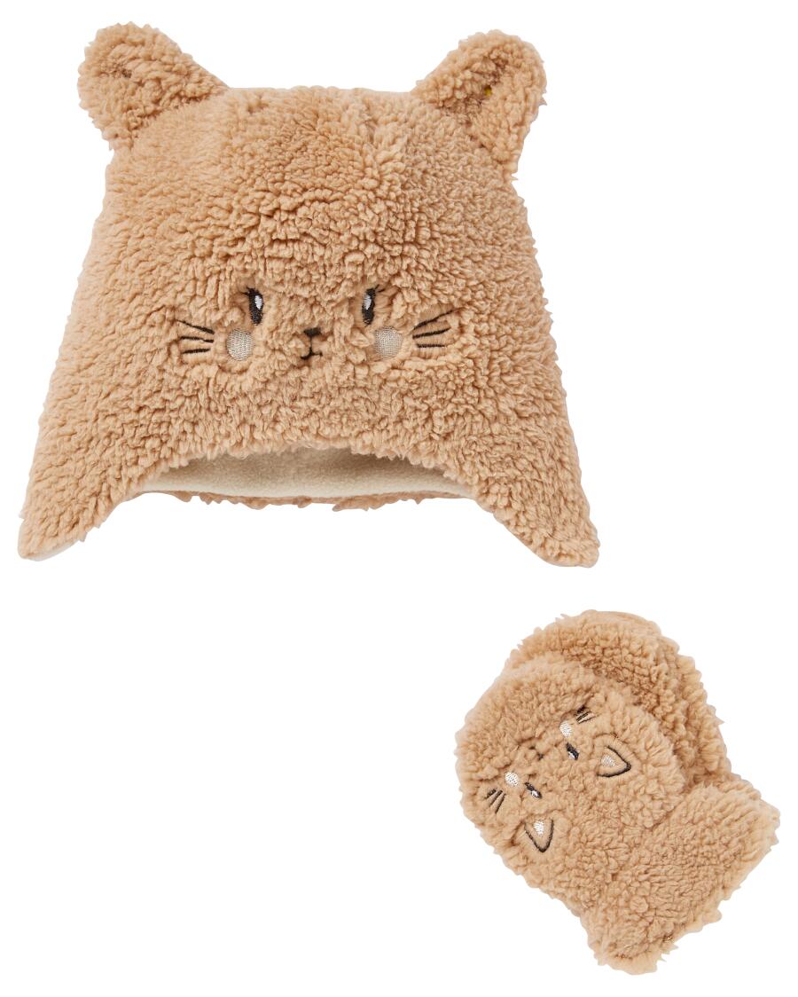 Mütze + Handschuhe aus Teddyfleece hellbraun