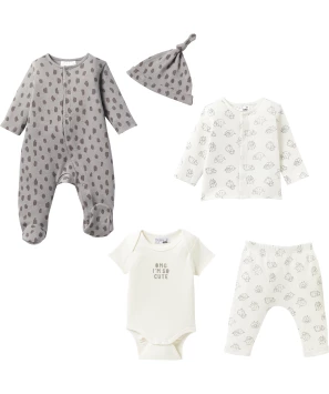 Baby pakje + romper + shirt met lange mouwen + muts + broek