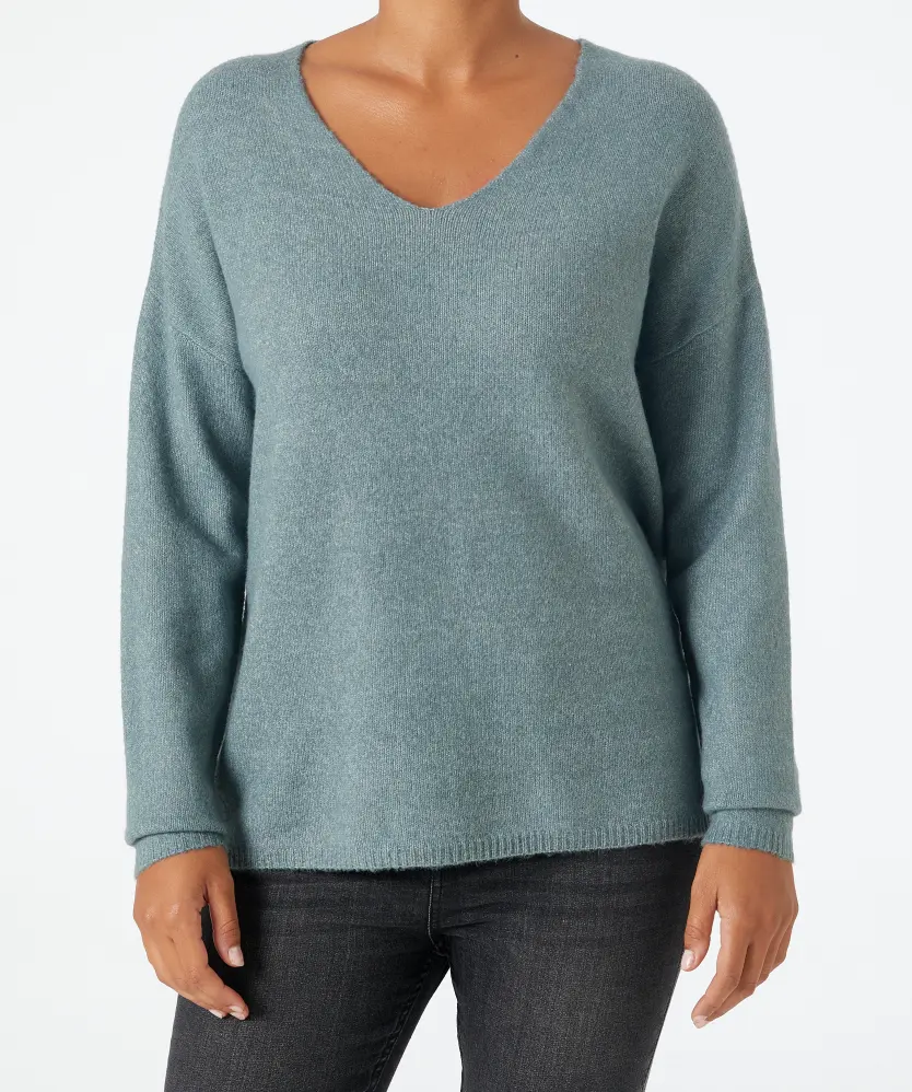 Petrolfarbener Feinstrickpullover Janina, V-Ausschnitt