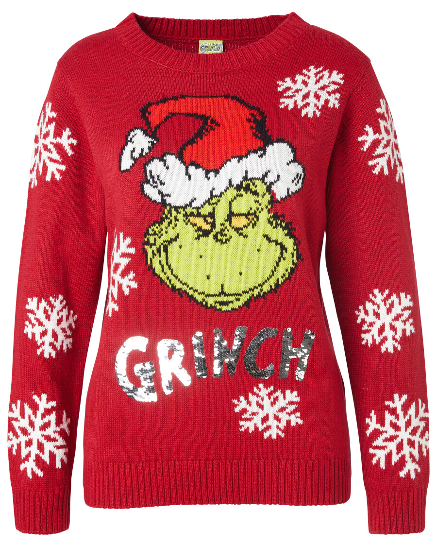 Świąteczny sweter z dzianiny Grinch cekiny