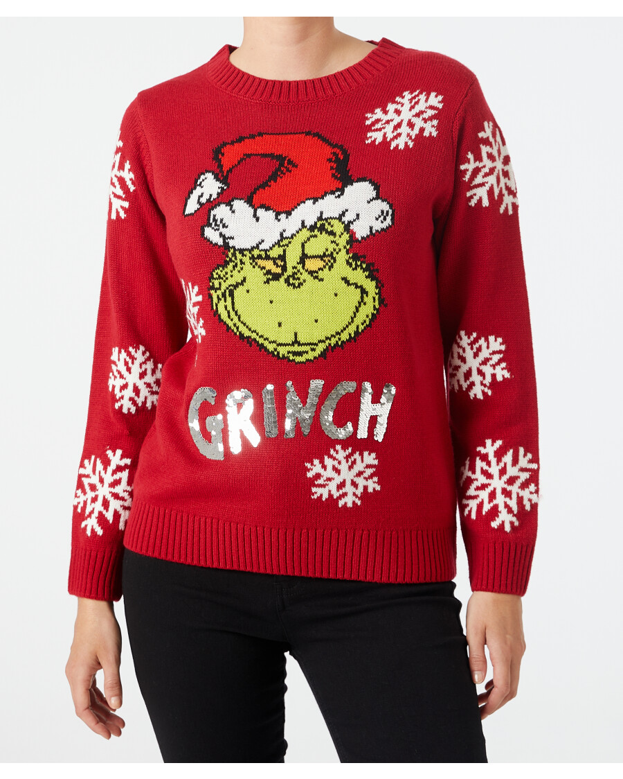 Świąteczny sweter z dzianiny Grinch cekiny