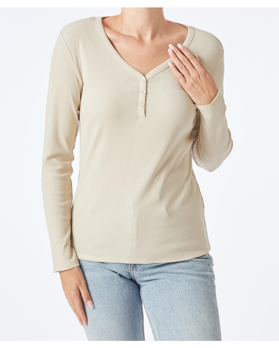 Geripptes Langarmshirt naturfarben