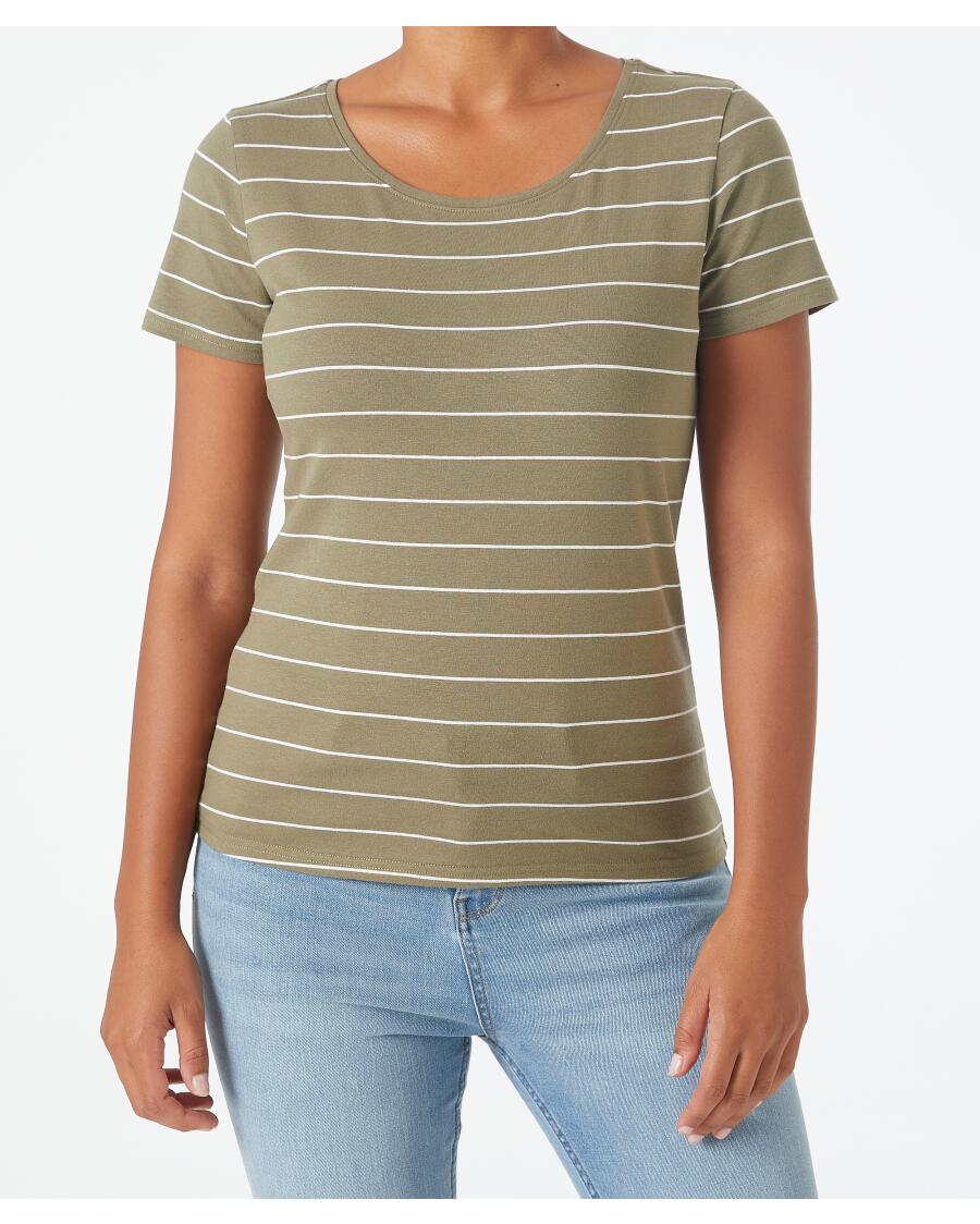 T-Shirt Basic w paski khaki/biały