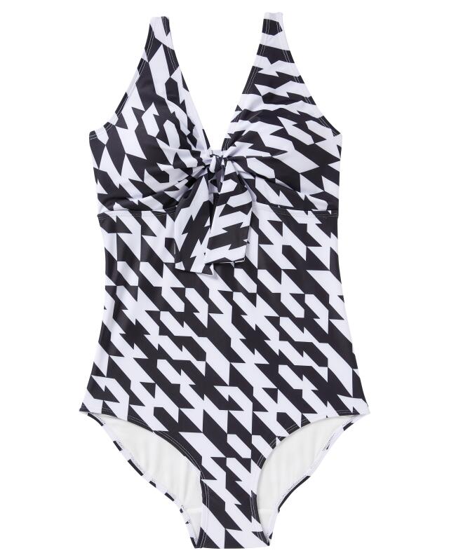 Maillot de bain col en V femme, blanc imprimé (KiK Badeanzug V-Ausschnitt (weiß bedruckt)) — KiK, produit allemand authentique au Maroc