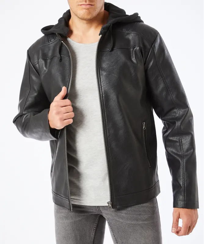 Kunstlederjacke mit Sweat-Kapuze