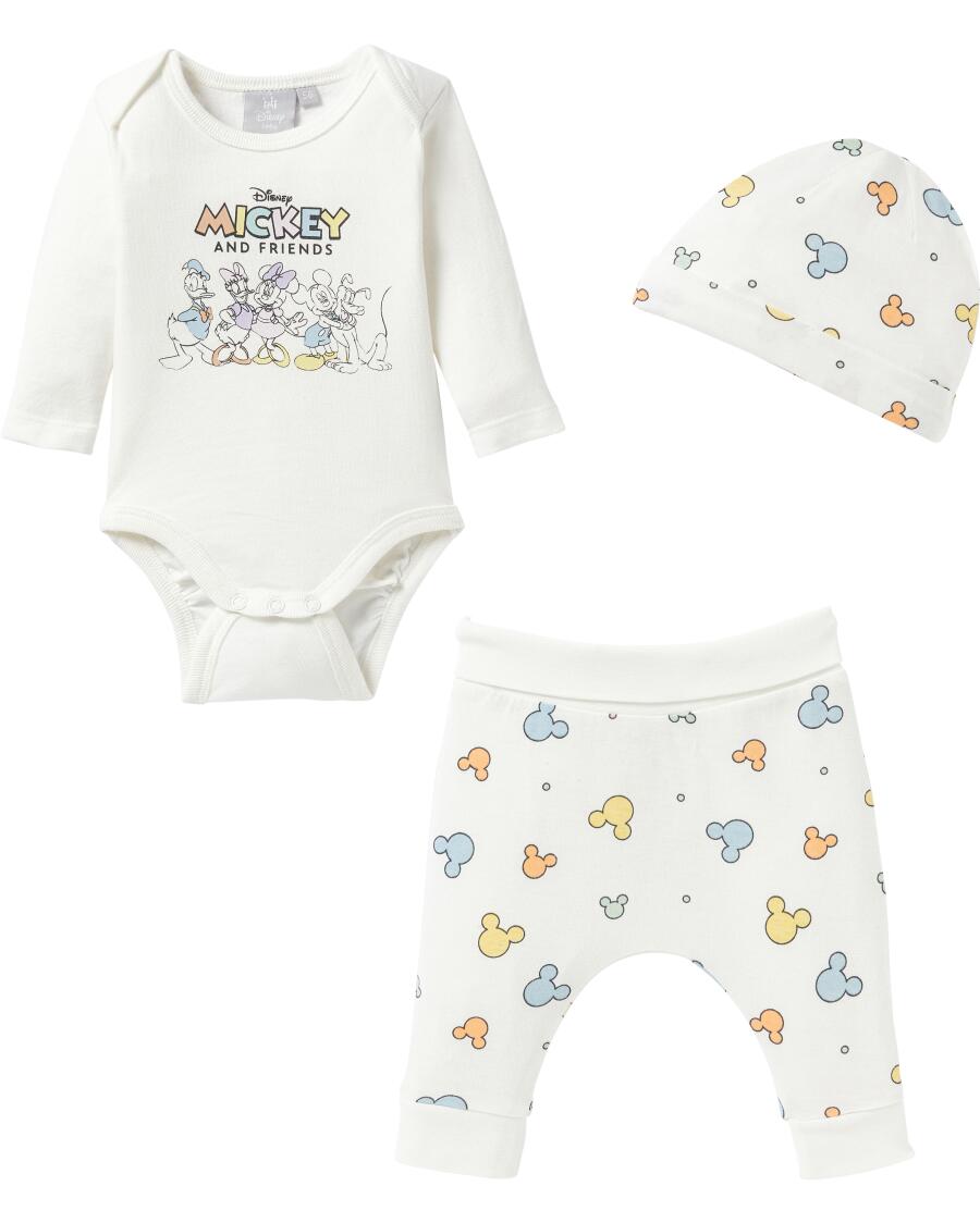 Mickey and Friends mutsje + rompertje + broekje voor baby's offwhite bedrukt