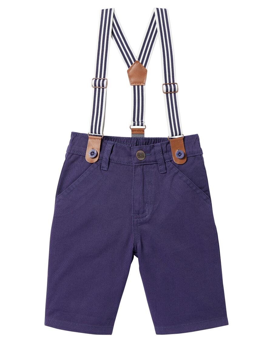 Korte broek met bretels indigo blauw gemeleerd