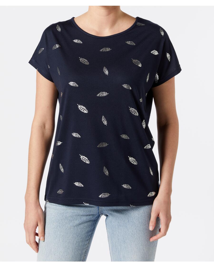 T-shirt met verenprint donkerblauw