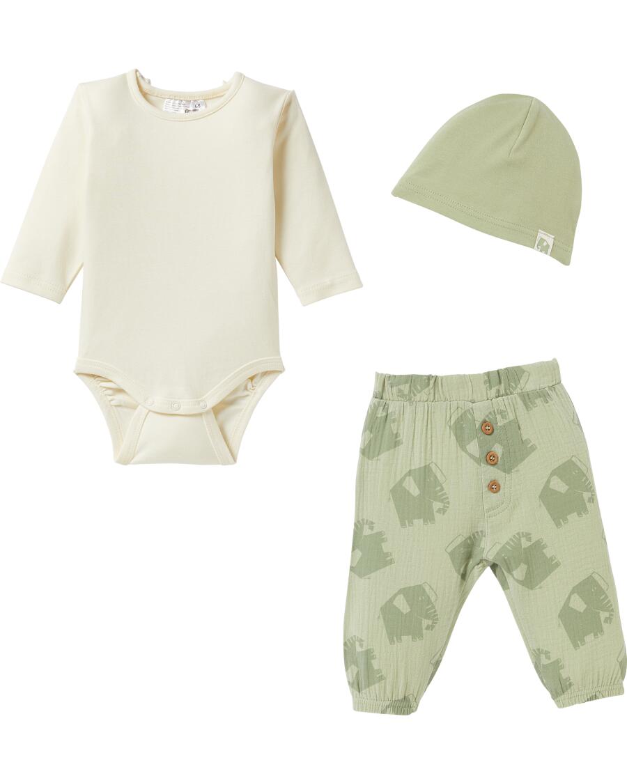 Newborn Mütze + Body + Musselin-Hose hellgrün