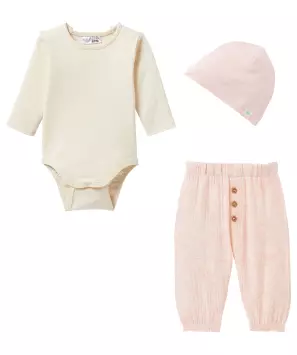 Baby muts + romper + mousseline broek