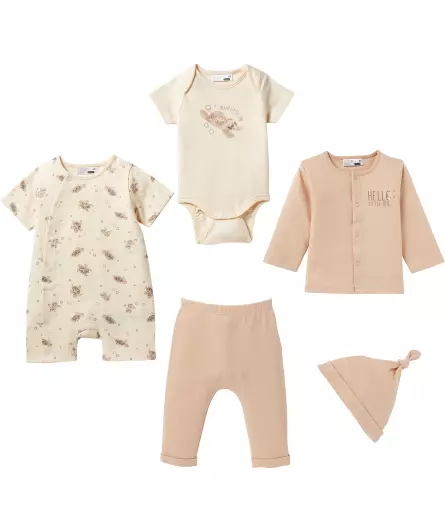 Baby mutsje + romper + pakje + shirt met lange mouwen + broek