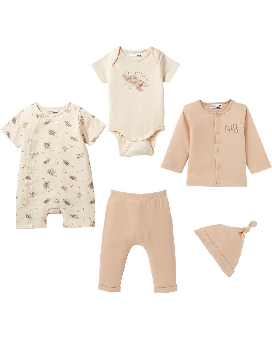 Baby mutsje + romper + pakje + shirt met lange mouwen + broek naturel