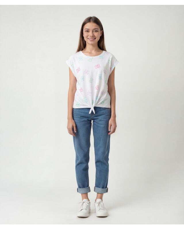 T-shirt à détail noué fille, blanc à motifs (KiK T-Shirt mit Knotendetail (weiß gemustert)) — KiK, produit allemand authentique au Maroc