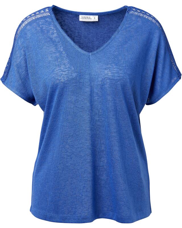 T-shirt à motif crochet femme, bleu indigo (KiK T-Shirt mit Häkelmuster (indigo blau)) — KiK, produit allemand authentique au Maroc