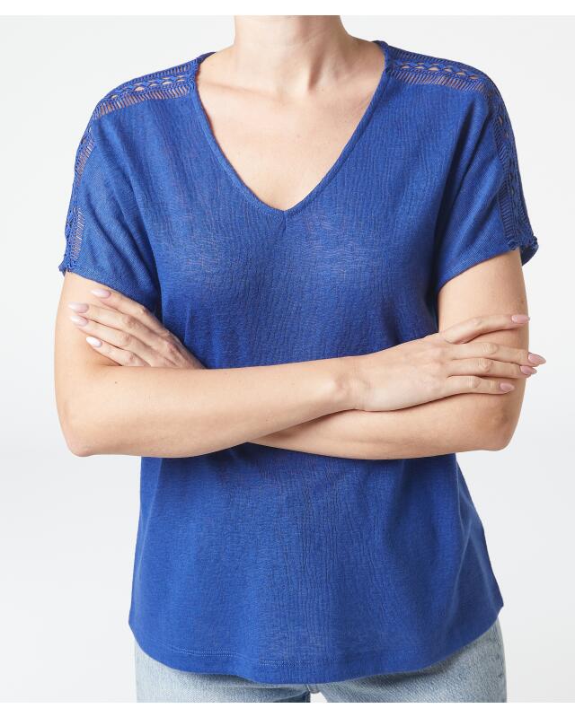 T-shirt à motif crochet femme, bleu indigo (KiK T-Shirt mit Häkelmuster (indigo blau)) — KiK, produit allemand authentique au Maroc