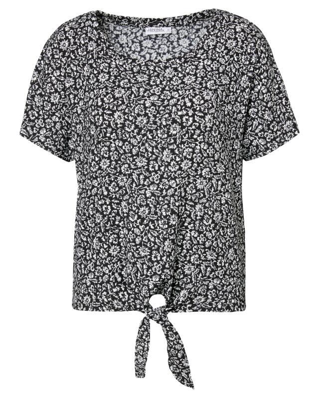 Floral top with knot detail for women, black printed (KiK Blumenshirt mit Knotendetail (schwarz bedruckt)) — KiK, authentic German product in Morocco