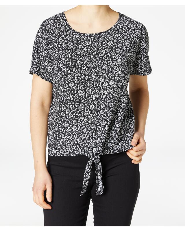 Floral top with knot detail for women, black printed (KiK Blumenshirt mit Knotendetail (schwarz bedruckt)) — KiK, authentic German product in Morocco