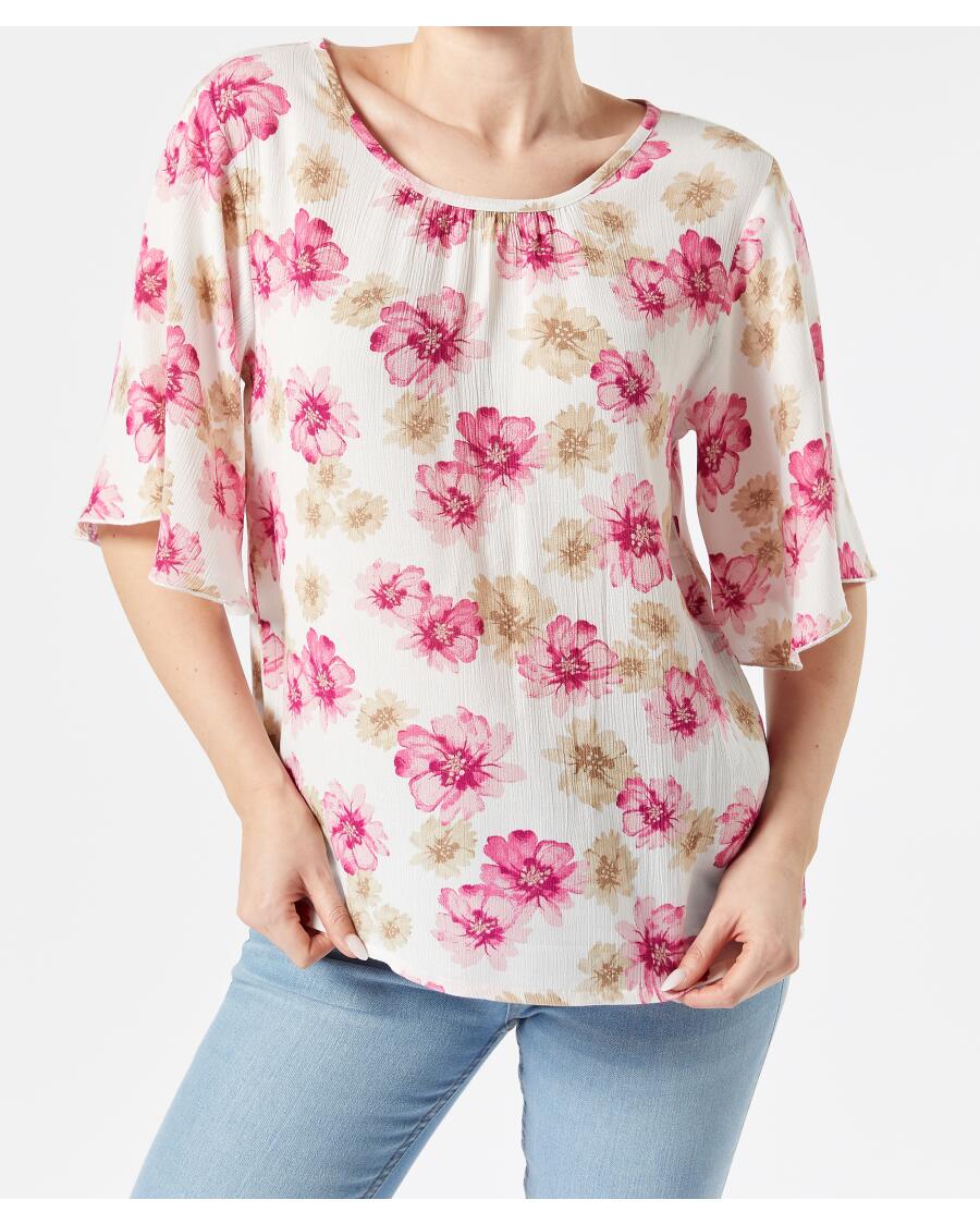 Bluse mit Trompetenärmeln pink bedruckt