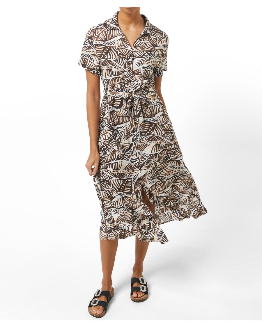Midikleid Blätter braun bedruckt