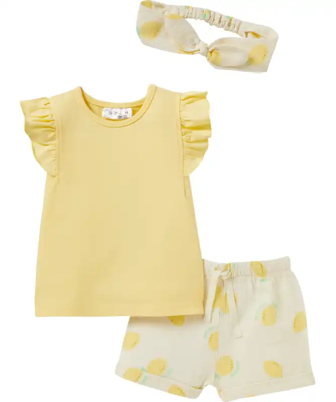 Musselin-Stirnband + T-Shirt + Musselin-Shorts Zitronen