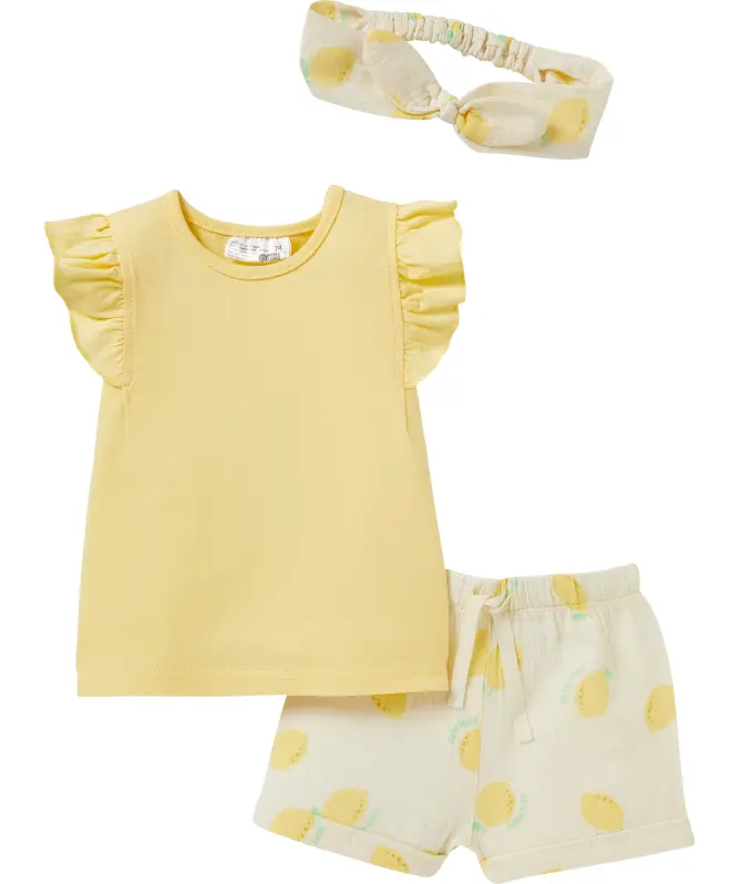 Musselin-Stirnband + T-Shirt + Musselin-Shorts Zitronen