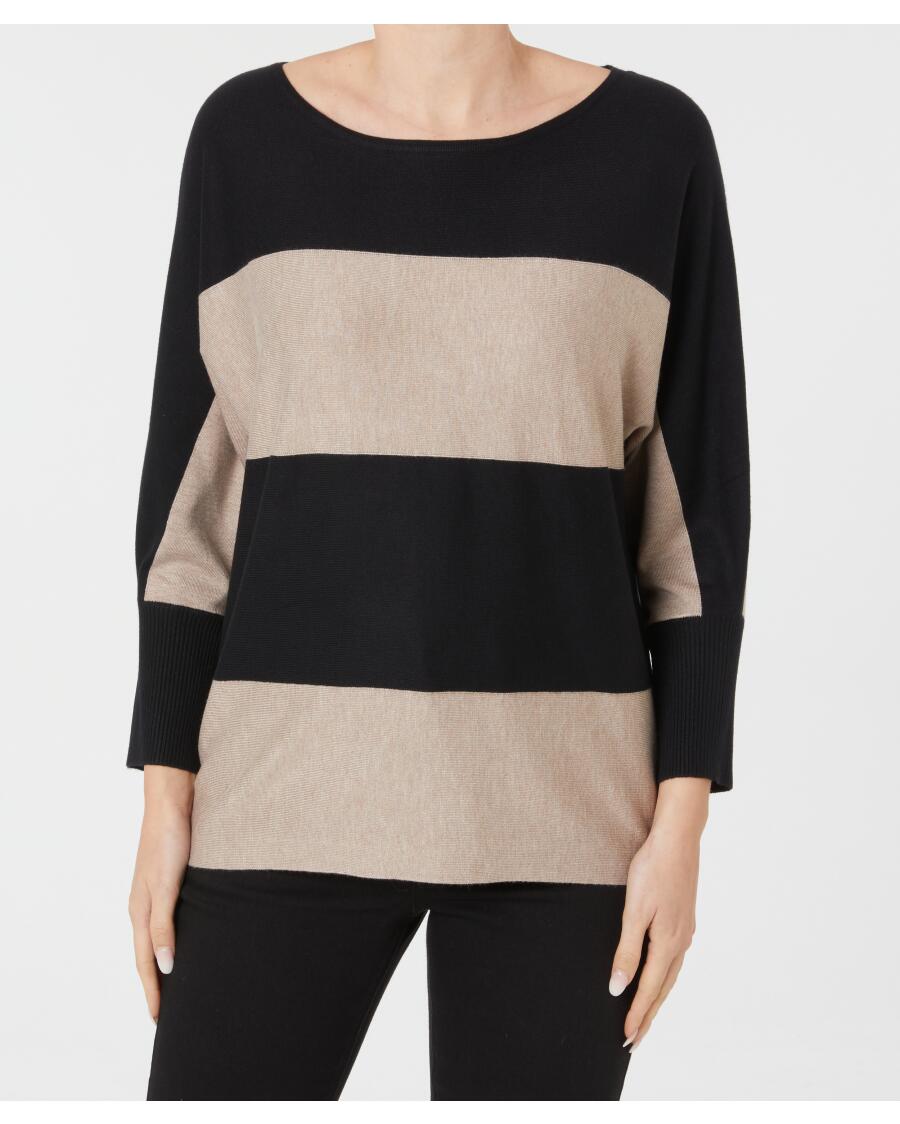 Gestreifter Feinstrickpullover schwarz/beige