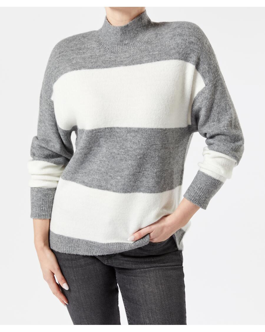 Feinstrickpullover mit Blockstreifen grau/weiß