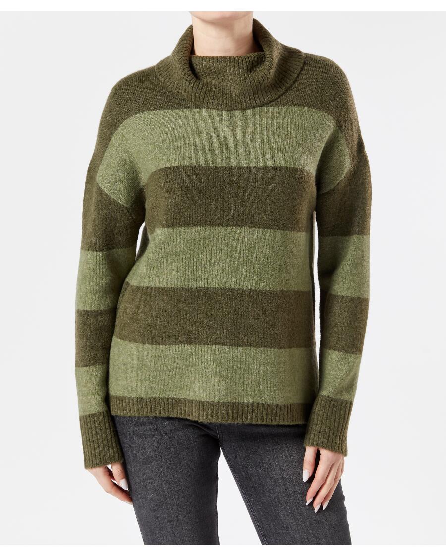 Sweter z dzianiny z golfem khaki w paski