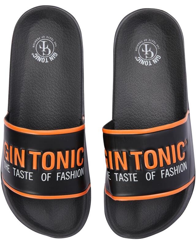 Gin Tonic slides for men, black/orange (KiK Gin Tonic Badeschlappen (schwarz/orange)) — KiK, authentic German product in Morocco