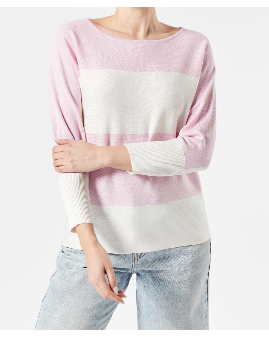 Sweter z cienkiej dzianiny w paski pink/biały