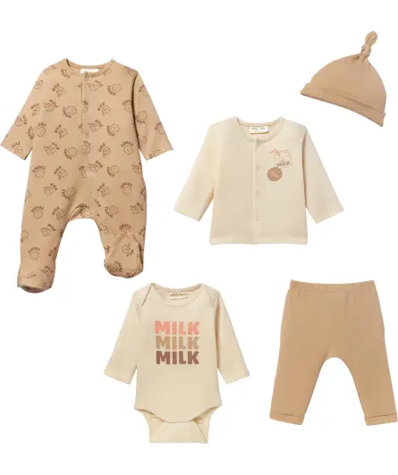 Baby mutsje + vestje + romper + pakje + broekje
