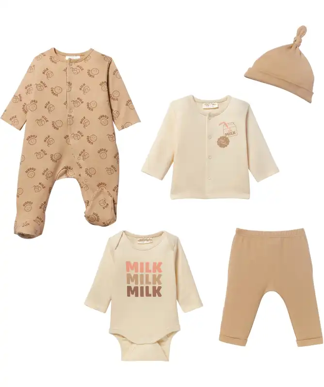 Newborn Mütze + Strickjacke + Strampler + Body + Hose