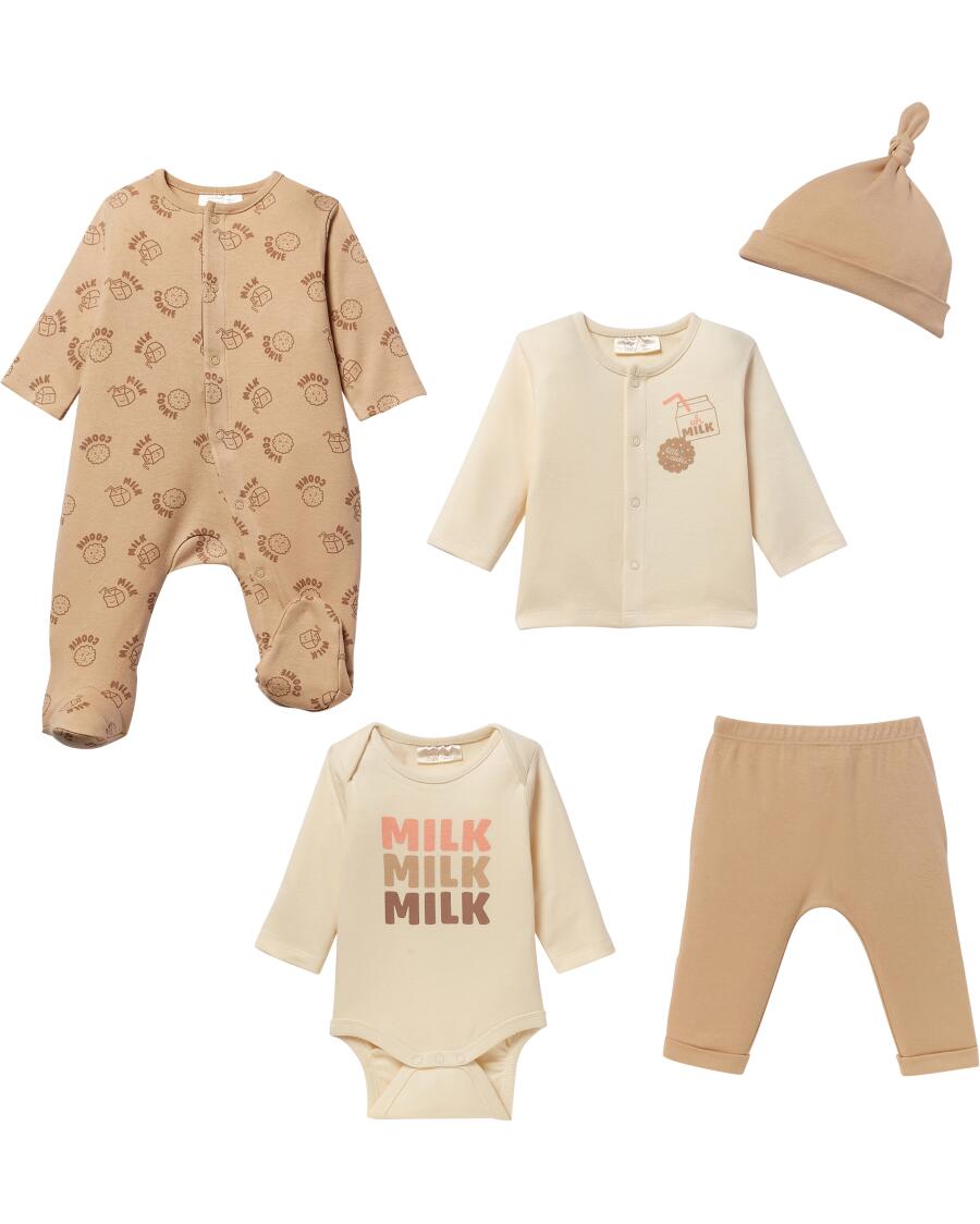 Baby mutsje + vestje + romper + pakje + broekje huidskleur