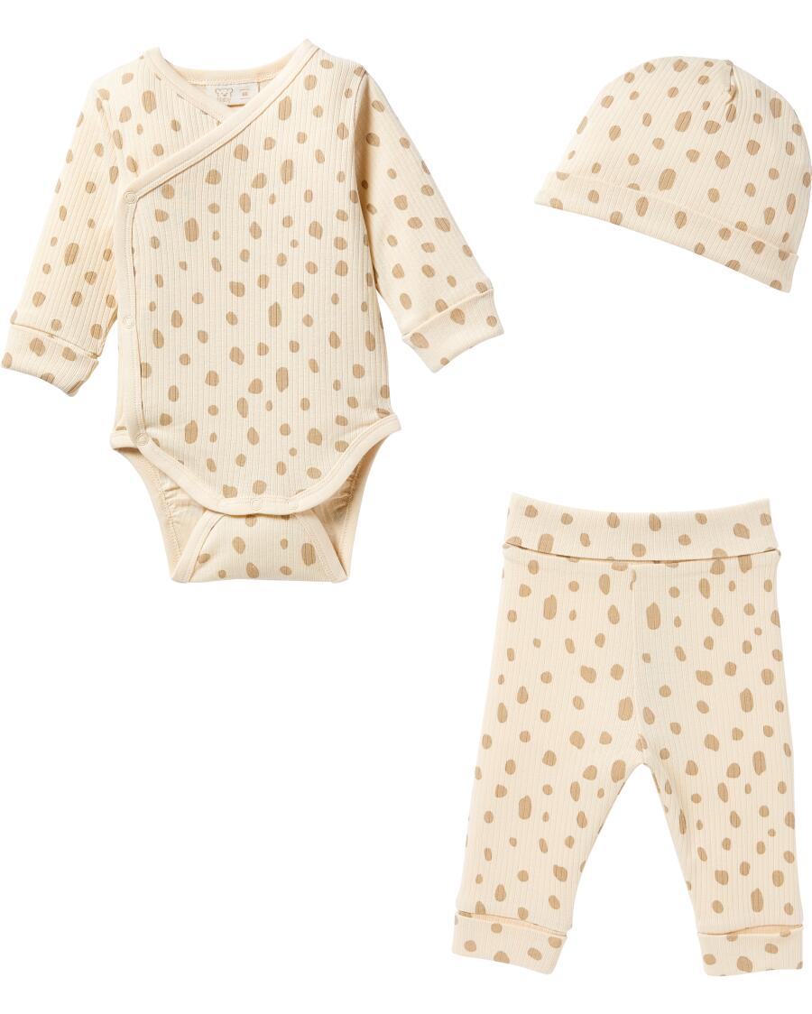 Newborn Mütze + Wickelbody + Hose naturfarben