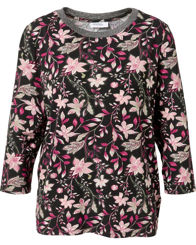 T-shirt à encolure pailletée femme, à fleurs (KiK Shirt mit Glitzer-Ausschnitt (Blumendruck)) — KiK, produit allemand authentique au Maroc