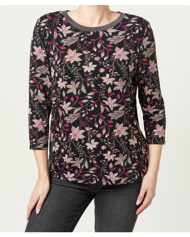 T-shirt à encolure pailletée femme, à fleurs (KiK Shirt mit Glitzer-Ausschnitt (Blumendruck)) — KiK, produit allemand authentique au Maroc