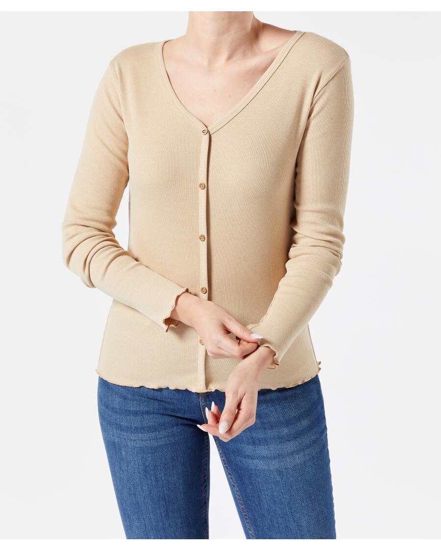 Langarmshirt mit Wellenkanten hellbraun
