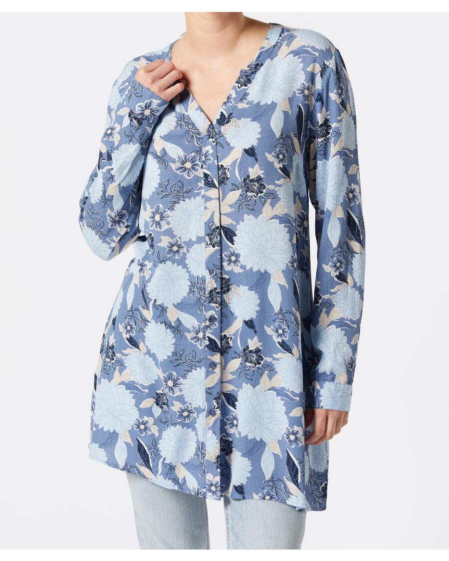 Longbluse mit Blumendruck petrol bedruckt