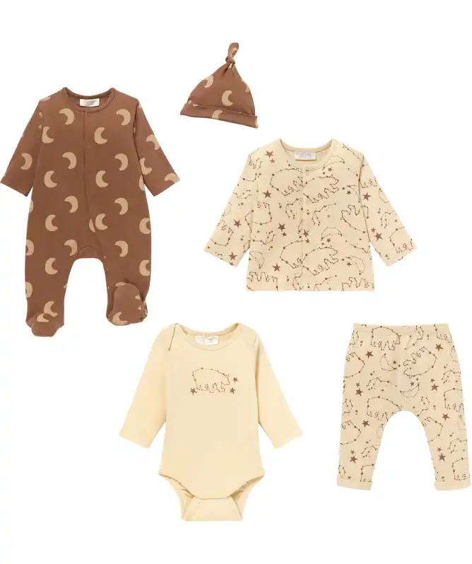 Baby mutsje + shirt met lange mouwen + romper + broek
