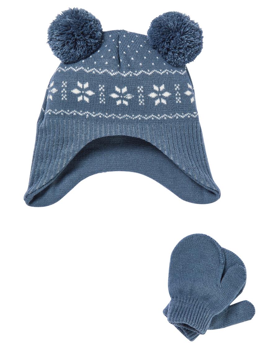 Strickmütze + Handschuhe blau