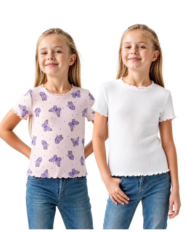 T-shirts à bords ondulés fille, rose/blanc (KiK T-Shirts mit Wellenkanten (rosa/weiß)) — KiK, produit allemand authentique au Maroc
