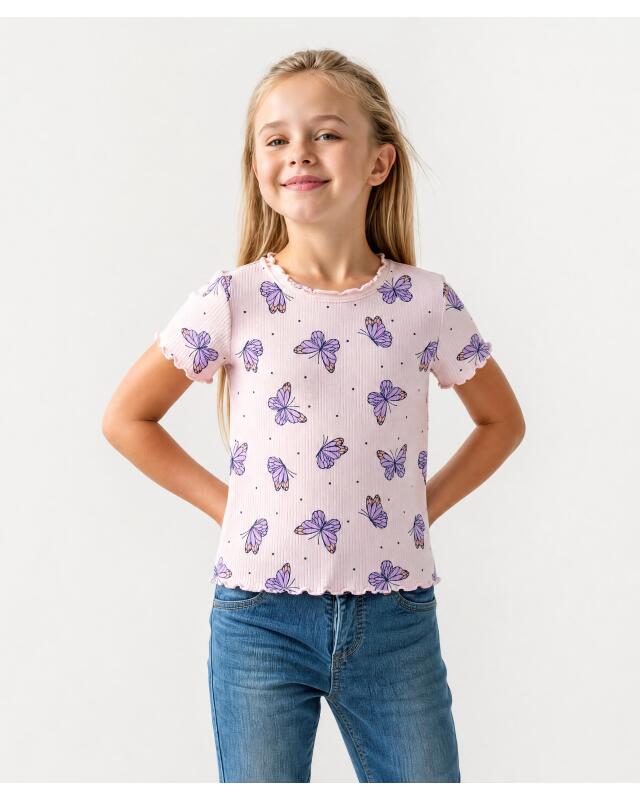 T-shirts à bords ondulés fille, rose/blanc (KiK T-Shirts mit Wellenkanten (rosa/weiß)) — KiK, produit allemand authentique au Maroc