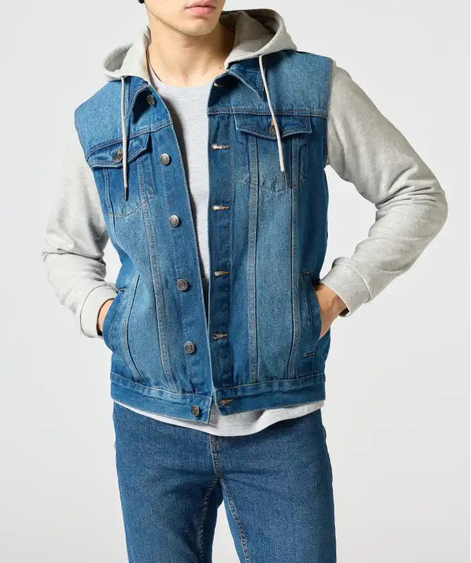 Denim jack met sweatstof inzetstukken
