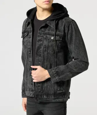 Denim jack met capuchon van sweatstof