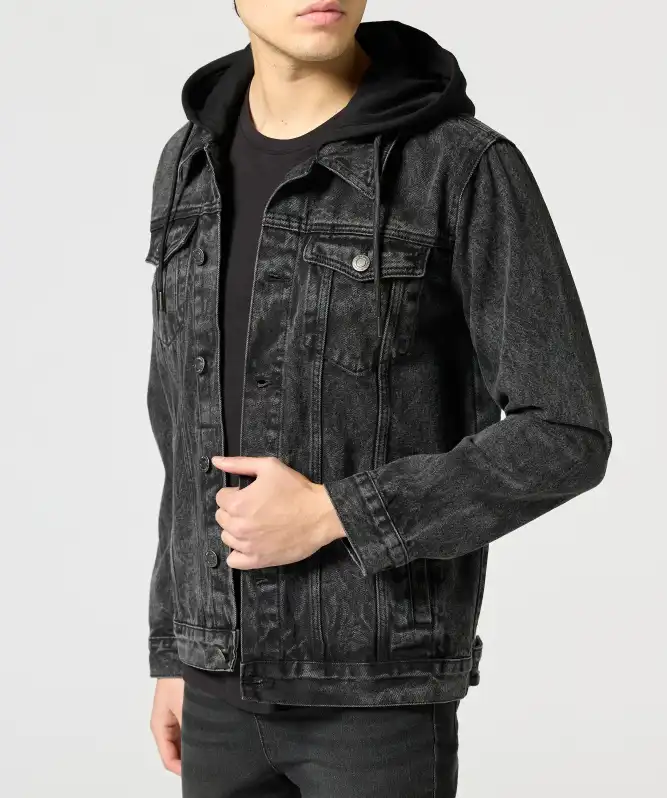 Denim jack met capuchon van sweatstof