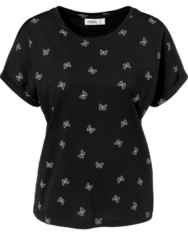 تيشيرت بطبعة شاملة للنساء، أسود/أبيض (KiK T-Shirt mit Allover-Print (schwarz/weiß)) — KiK, منتج ألماني أصلي في المغرب