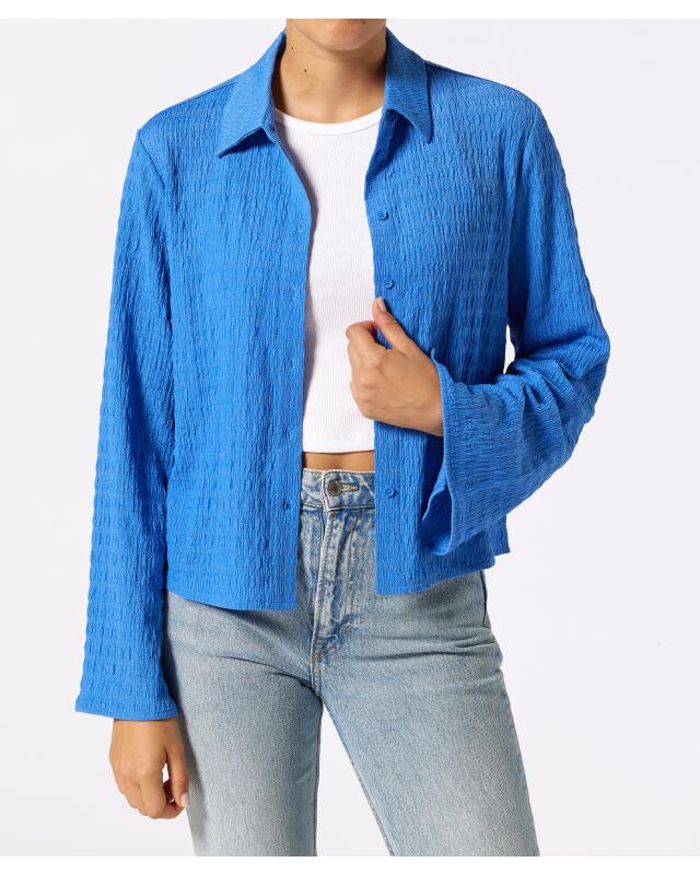 Crinkle blouse with trumpet sleeves for women, blue — KiK, authentic German product in Morocco